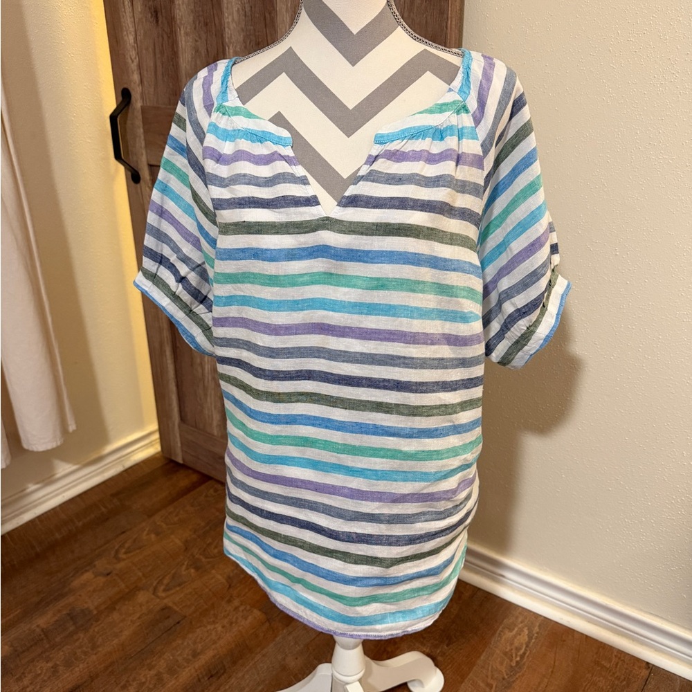 Talbots 100% Linen Striped Blouse Tunic Top Multicolor Coastal split V neck